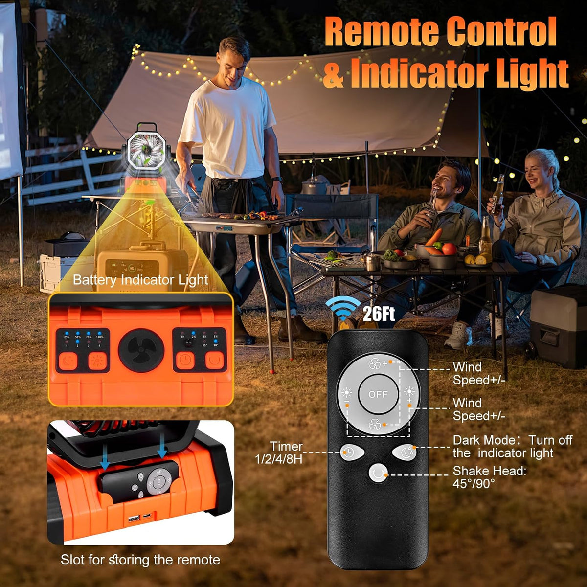 20000Mah Camping Fan with LED Lantern, Rechargeble Battery Operated Fan with 270° Head Rotation & Hook, Battery Operated Tents Fan with Remote for Picnic, Barbecue, Fishing, Travel, Home Outages