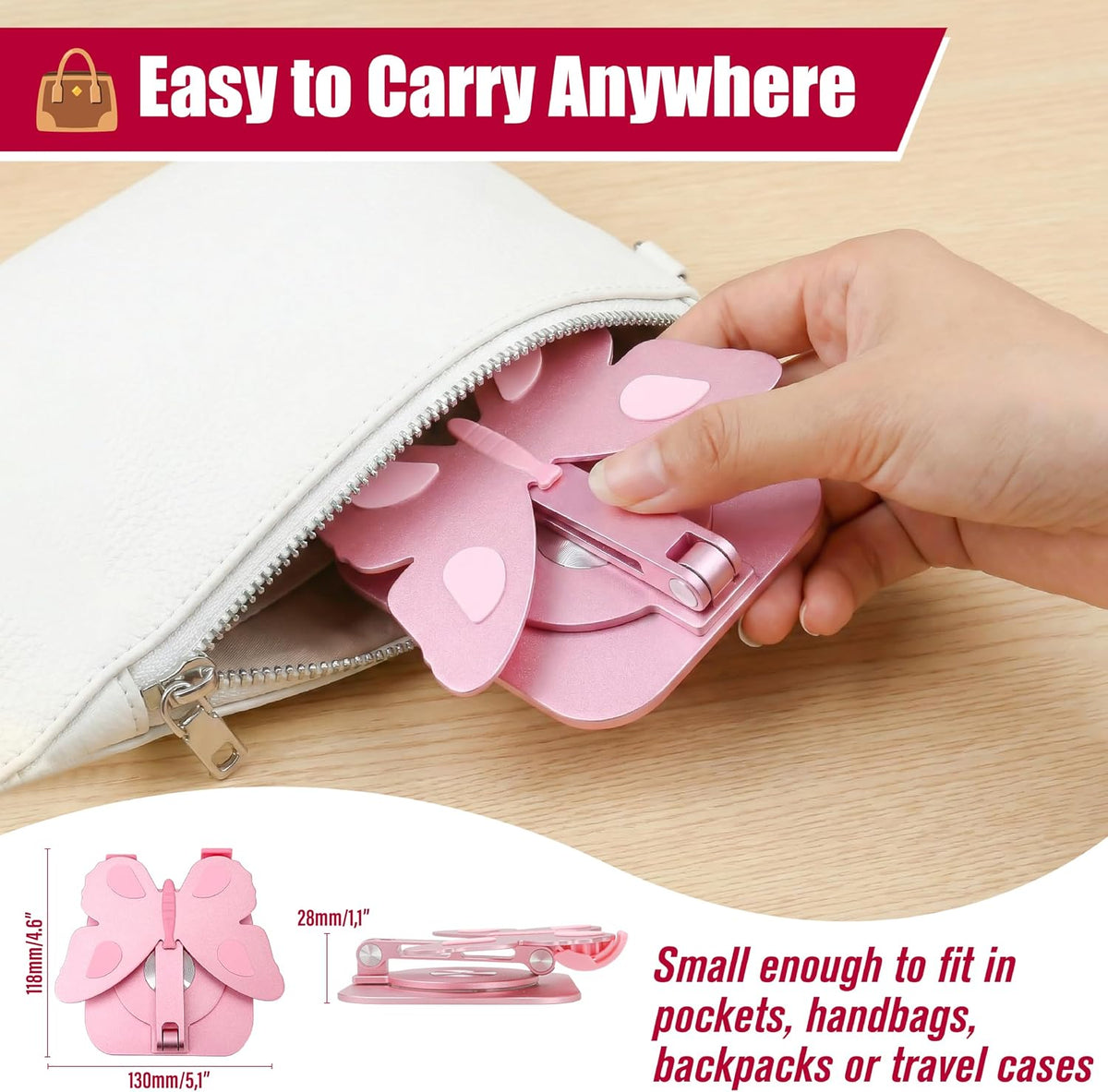 Butterfly Holder Fit for Iphone 17 16 15 14 13 12 11 Tablet Ipad – Aluminum Alloy Folding Phone Kickstand with 360 Rotation, Desktop Home Stand Pink Stable Grip for All Smartphones Mobile Cell Phone