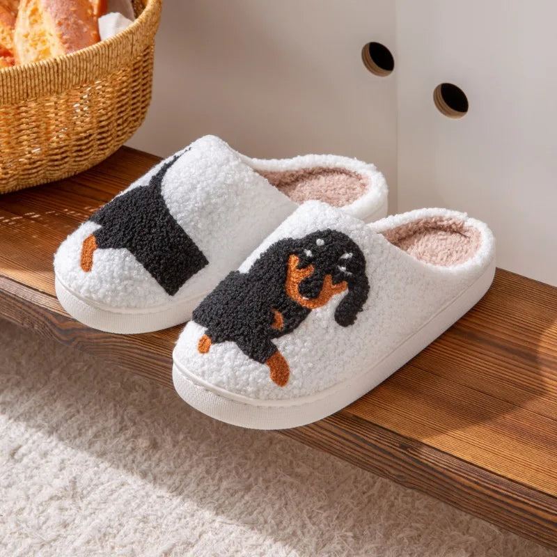 Pet Pattern Dachshund Embroidery Stuffed Home Thick Sole Plaid Furry Cotton Slippers Warm Non-Slip Indoor Slippers Pet Mom Gift
