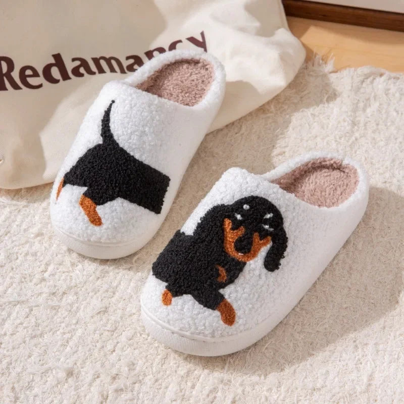Pet Pattern Dachshund Embroidery Stuffed Home Thick Sole Plaid Furry Cotton Slippers Warm Non-Slip Indoor Slippers Pet Mom Gift