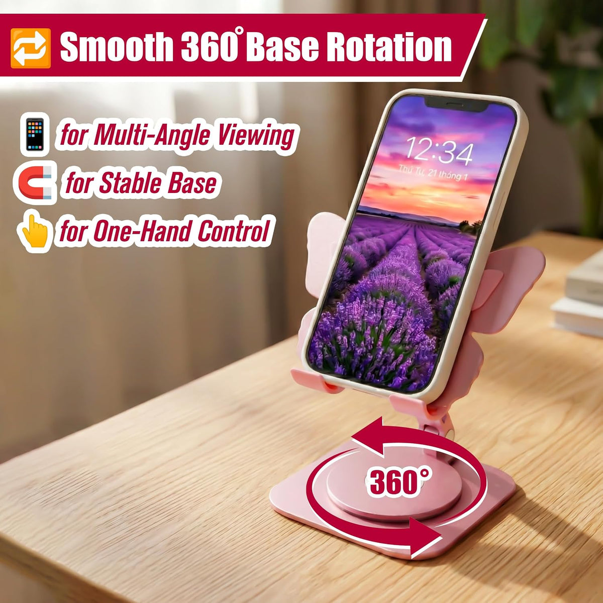 Butterfly Holder Fit for Iphone 17 16 15 14 13 12 11 Tablet Ipad – Aluminum Alloy Folding Phone Kickstand with 360 Rotation, Desktop Home Stand Pink Stable Grip for All Smartphones Mobile Cell Phone