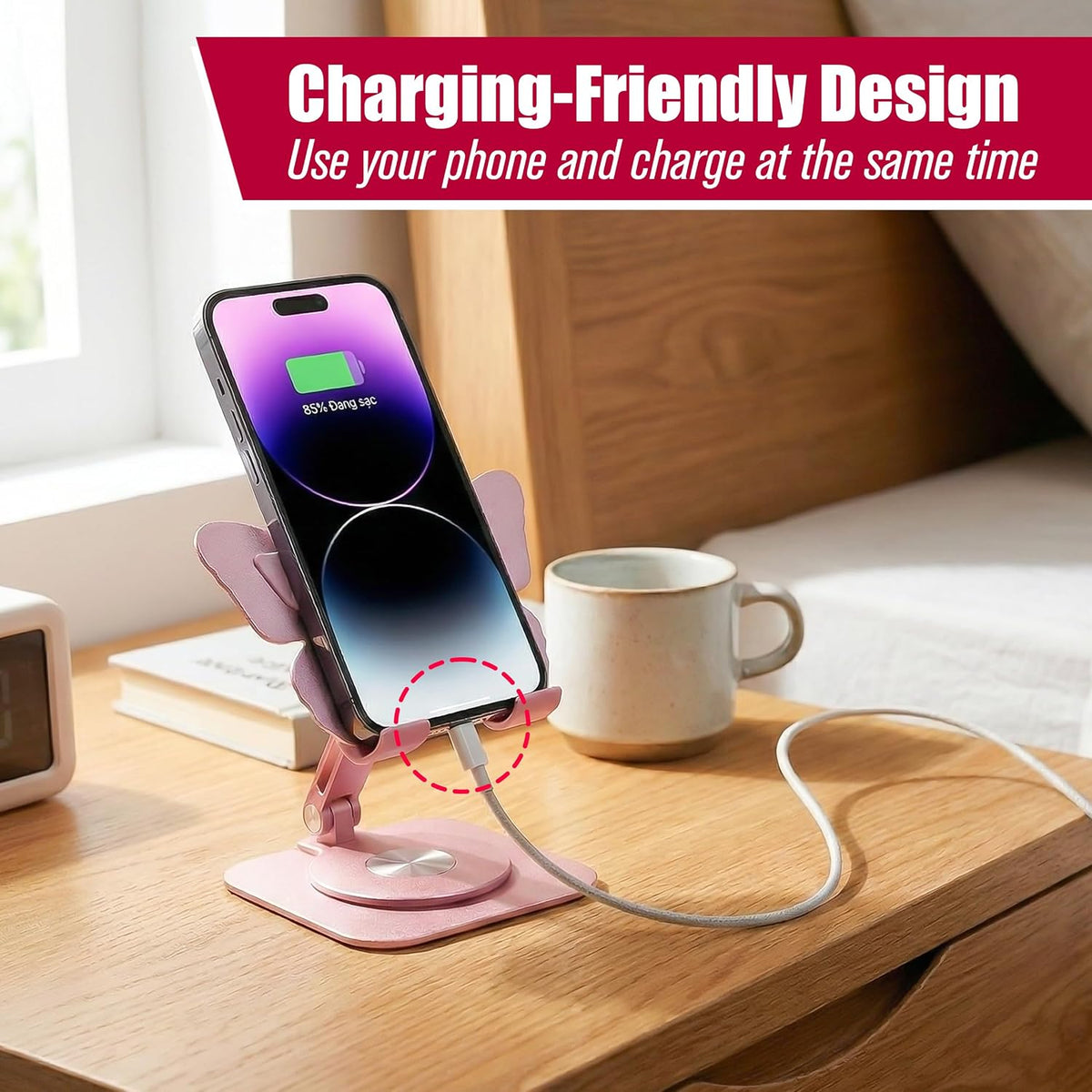 Butterfly Holder Fit for Iphone 17 16 15 14 13 12 11 Tablet Ipad – Aluminum Alloy Folding Phone Kickstand with 360 Rotation, Desktop Home Stand Pink Stable Grip for All Smartphones Mobile Cell Phone