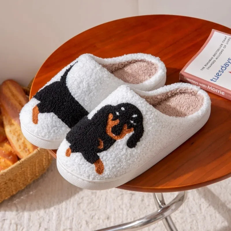 Pet Pattern Dachshund Embroidery Stuffed Home Thick Sole Plaid Furry Cotton Slippers Warm Non-Slip Indoor Slippers Pet Mom Gift